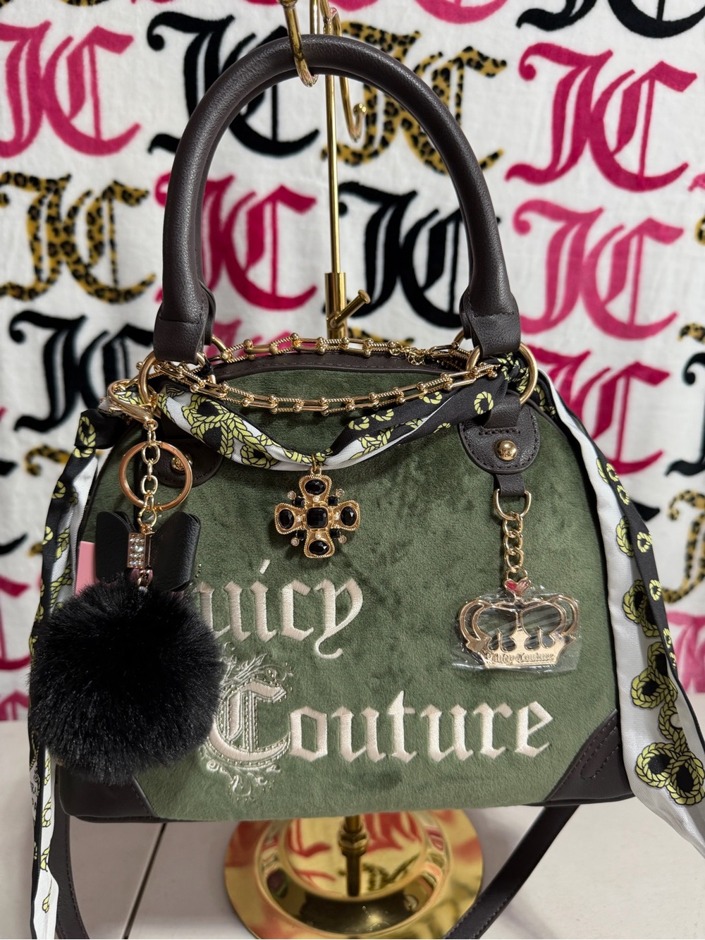Juicy Couture Olive Green Velvet Satchel with Brown Trim and Gold Accents